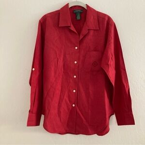 Lauren Ralph Lauren 100% Linen Red Long Sleeve Button Front Shirt Preppy Size 8